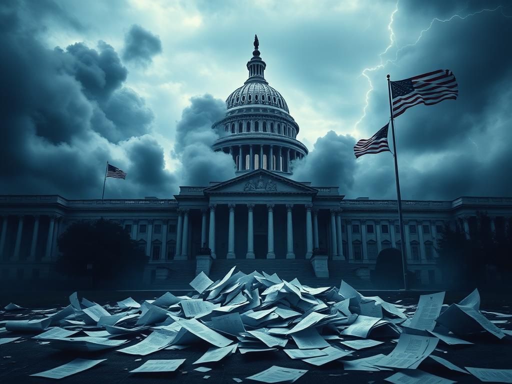 Flick International Dramatic scene of the U.S. Capitol building under stormy clouds symbolizing political tension