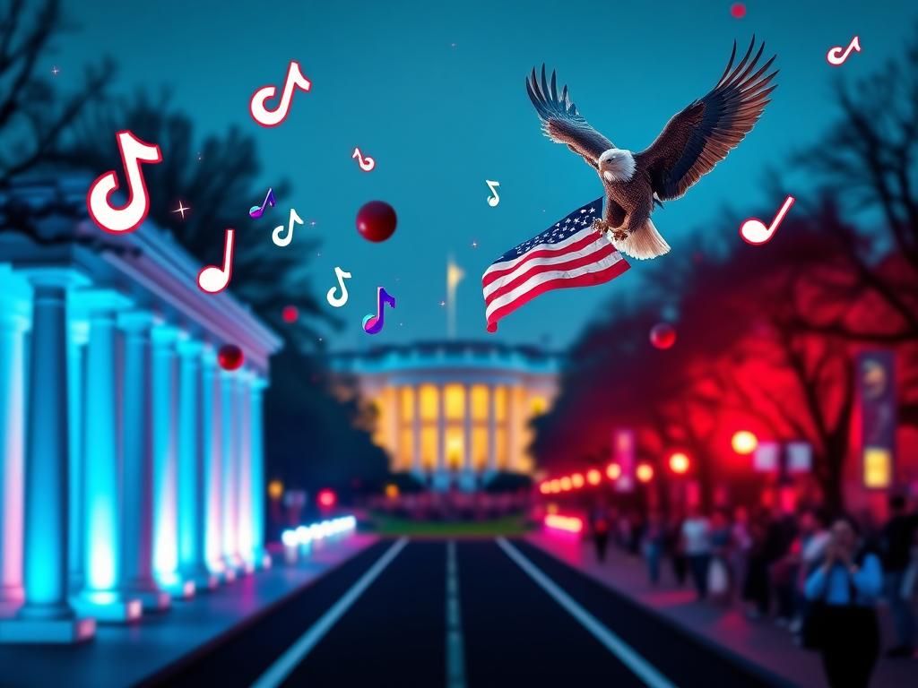 Flick International Abstract depiction of the White House illuminated with vibrant colors and symbols of TikTok