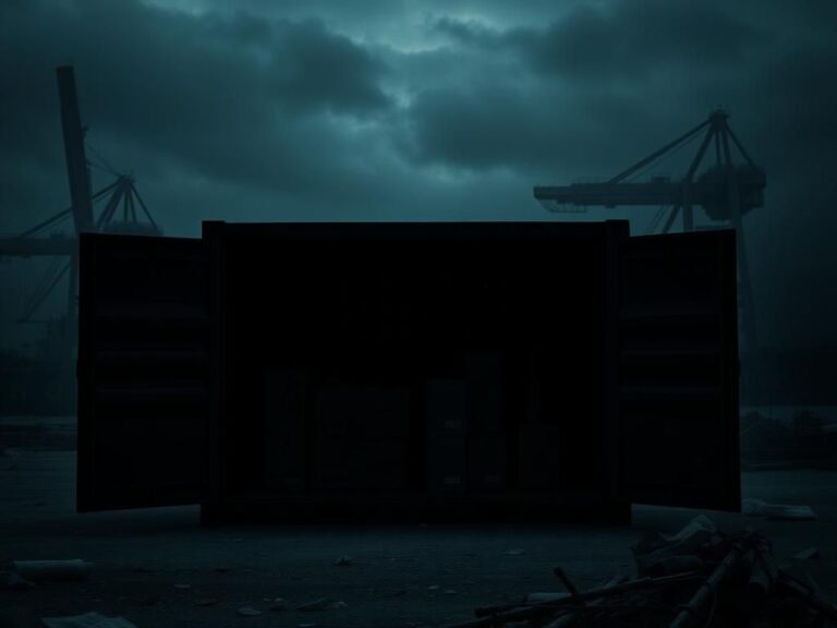 Flick International Dark shipping container revealing concealed military equipment