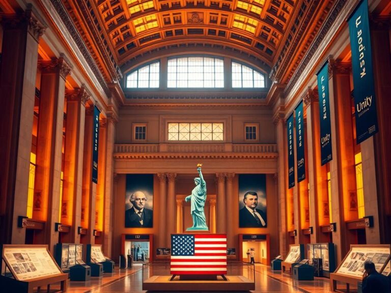 Flick International Grand museum atrium symbolizing the Smithsonian Institution with iconic American artifacts