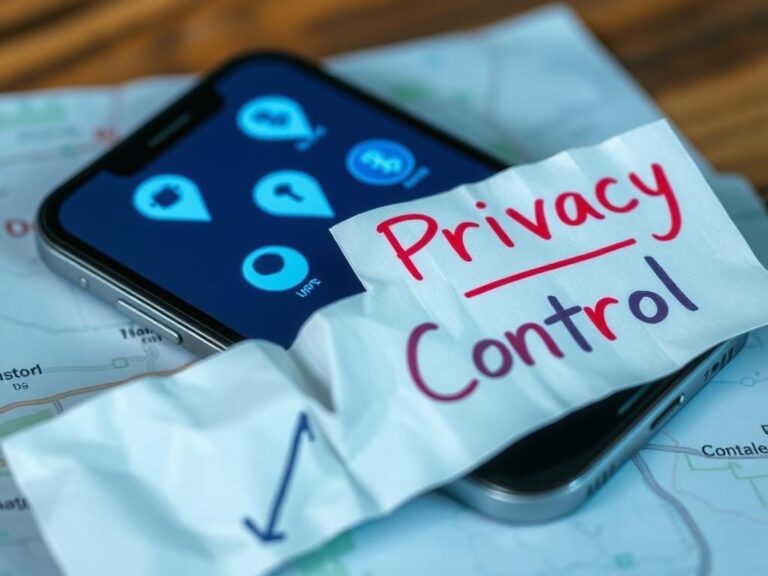 Flick International Close-up of a smartphone screen displaying location tracking icons over a digital map.