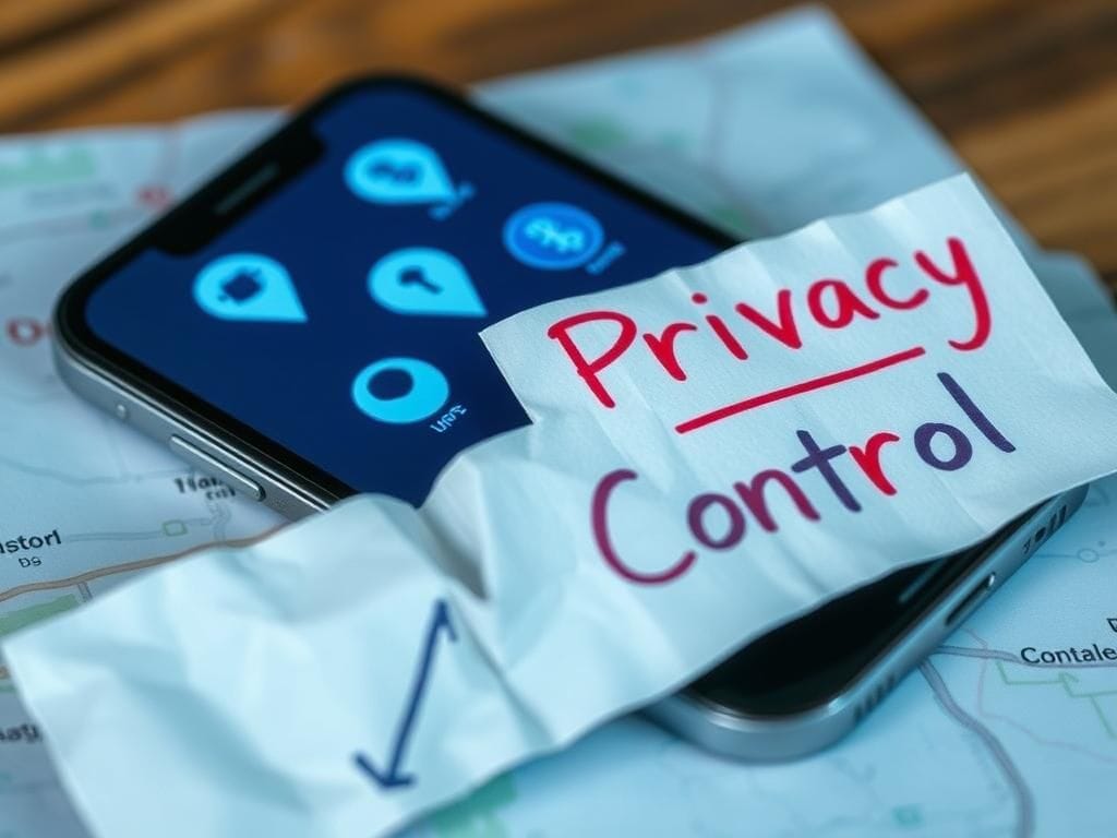 Flick International Close-up of a smartphone screen displaying location tracking icons over a digital map.