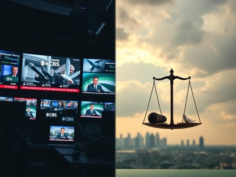 Flick International A split-screen image contrasting a tense newsroom with CBS broadcasts and a symbolic representation of balance in journalism