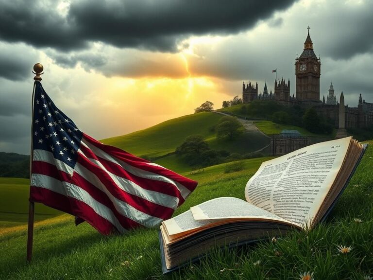 Flick International A surreal landscape depicting a weathered American flag and the rolling hills of Ireland symbolizing political tension and escape.