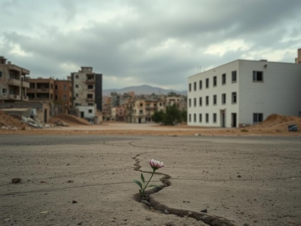 Flick International A desolate landscape in Gaza with a symbolic representation of a hospital and a wilting flower