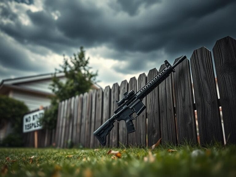 Flick International AR-15 rifle leaning against a wooden fence in a suburban setting