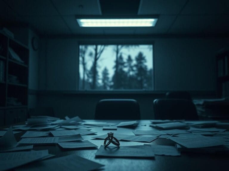 Flick International Dimly lit insurance office showcasing an empty, abandoned room with scattered papers and a flickering light.