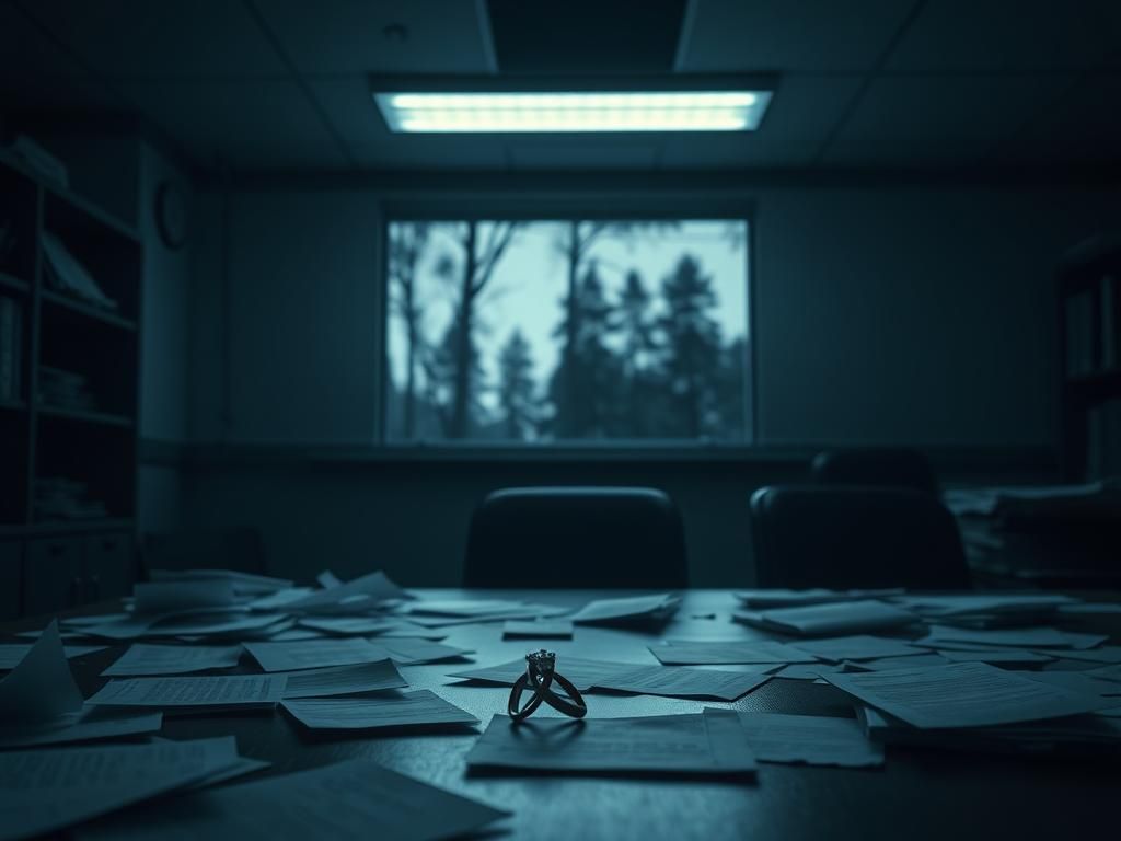 Flick International Dimly lit insurance office showcasing an empty, abandoned room with scattered papers and a flickering light.