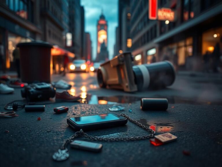 Flick International Chaotic aftermath of a street brawl in downtown Cincinnati with scattered belongings
