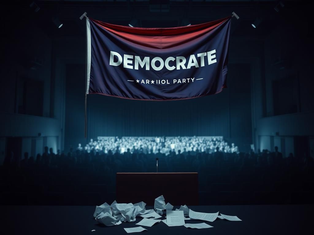 Flick International A weathered Democratic Party flag in a dimly lit political rally space with a broken podium and scattered notes