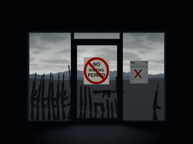 Flick International Closed firearms storefront with 'No Waiting Period' sign in a dimly lit environment