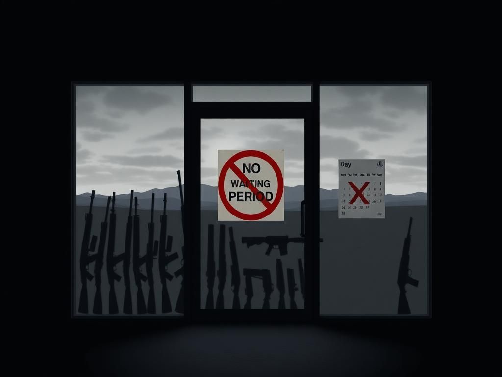 Flick International Closed firearms storefront with 'No Waiting Period' sign in a dimly lit environment