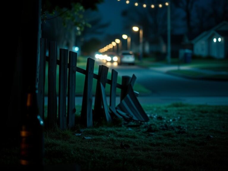 Flick International Damaged wooden fence in a suburban neighborhood after a hit-and-run DUI incident