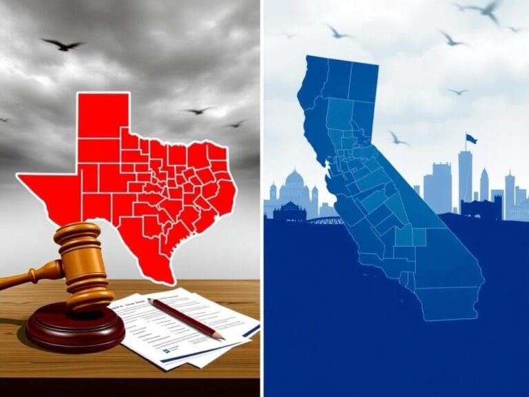 Flick International A split image contrasting redistricting battles in Texas and California, featuring a stylized map of Texas and a map of California.