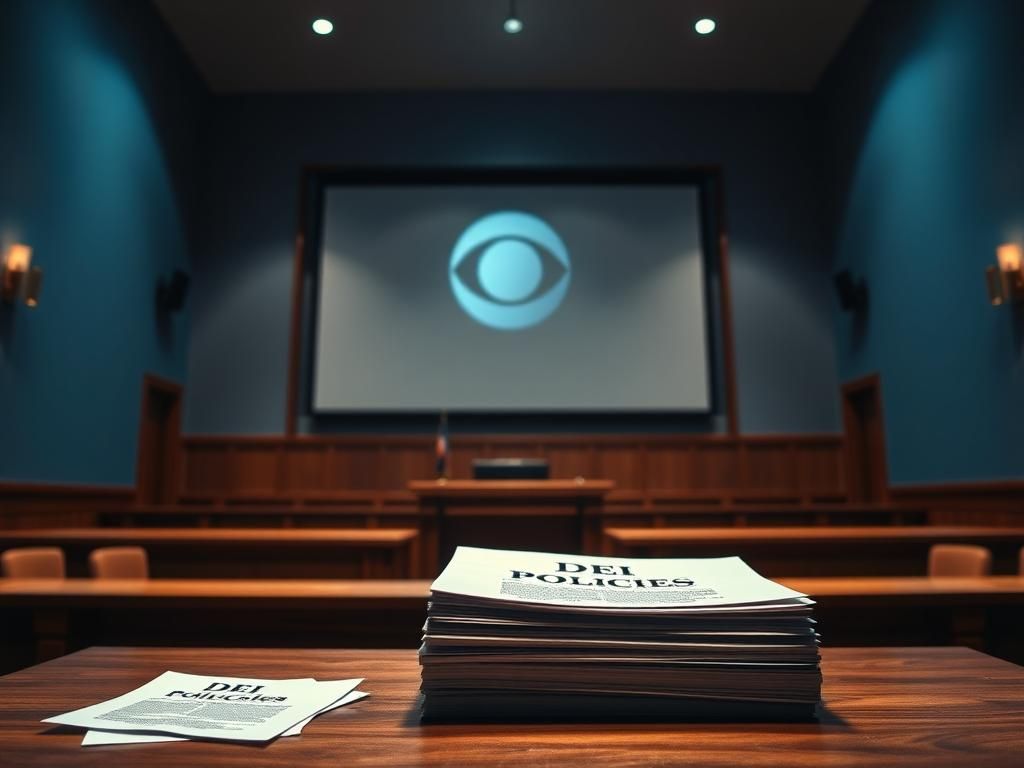 Flick International Courtroom scene with an empty witness stand and DEI policies documents