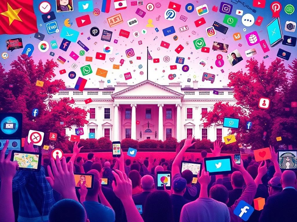 Flick International Artistic representation of a vibrant digital landscape featuring meme images and anime-style graphics blending together with White House symbols