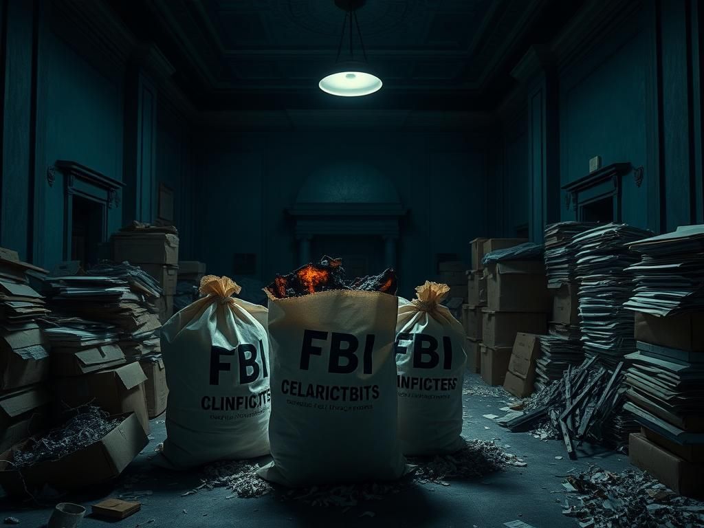 Flick International Dimly lit room with FBI burn bags containing classified documents