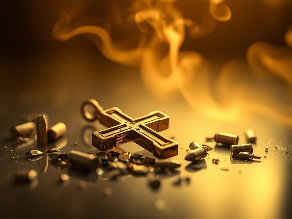Flick International Close-up of a shattered gold cross pendant with bullet fragments on a reflective surface