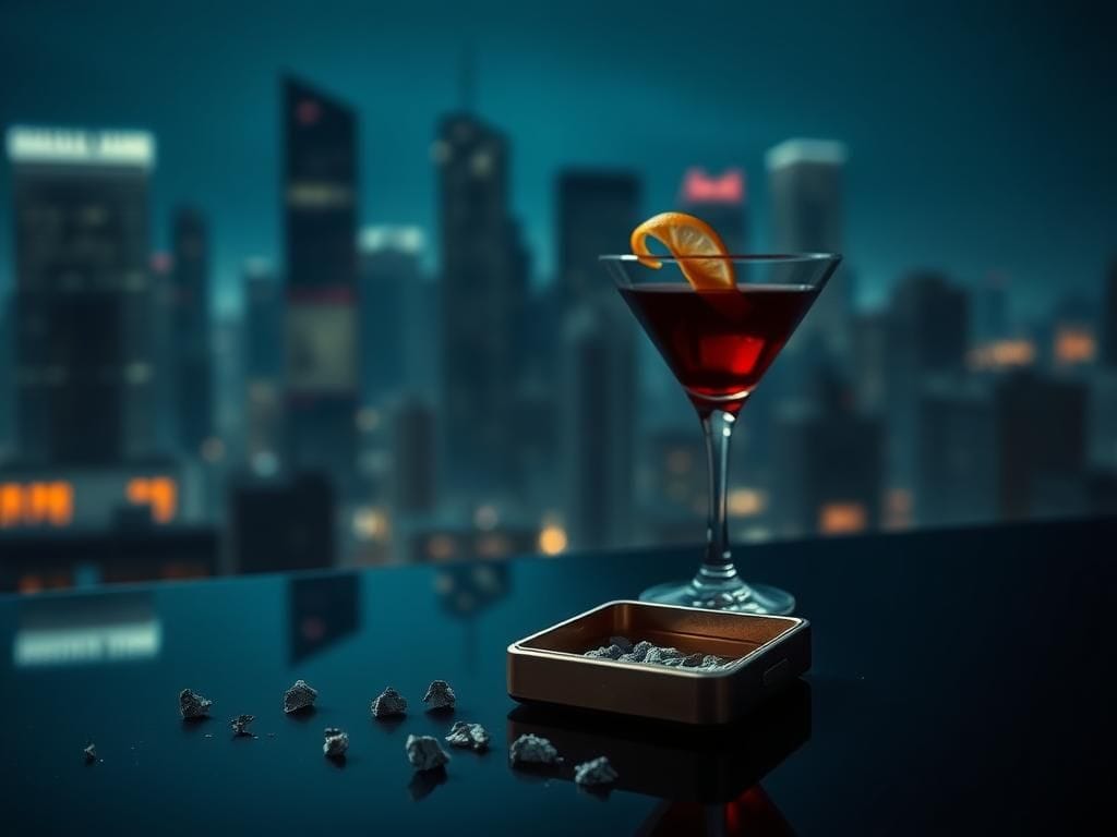 Flick International A sleek, dimly lit urban skyline at night with a vintage cigarette case and a cocktail glass, symbolizing intrigue and seduction.