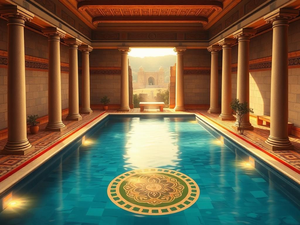 Flick International Intricate illustration of a luxurious Roman bathhouse interior showcasing ancient mosaics and architectural elegance.