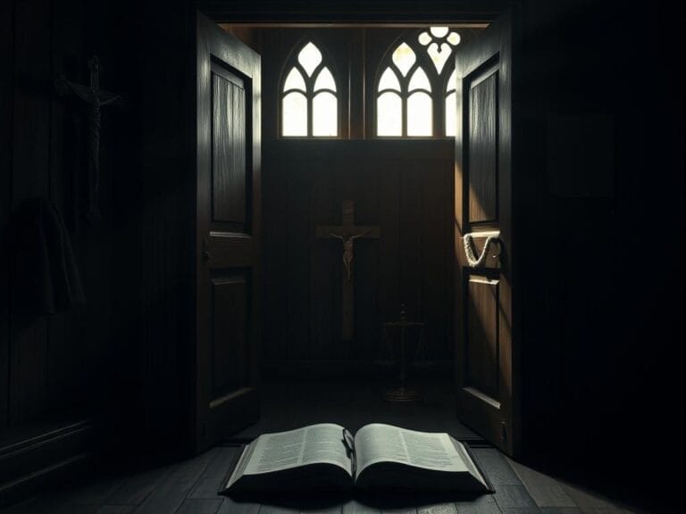 Flick International A somber confessional booth with religious symbols against a backdrop of justice imagery