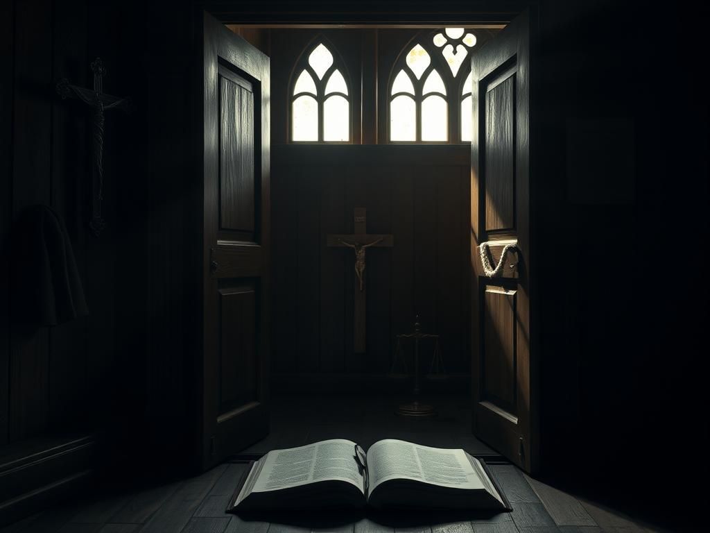 Flick International A somber confessional booth with religious symbols against a backdrop of justice imagery