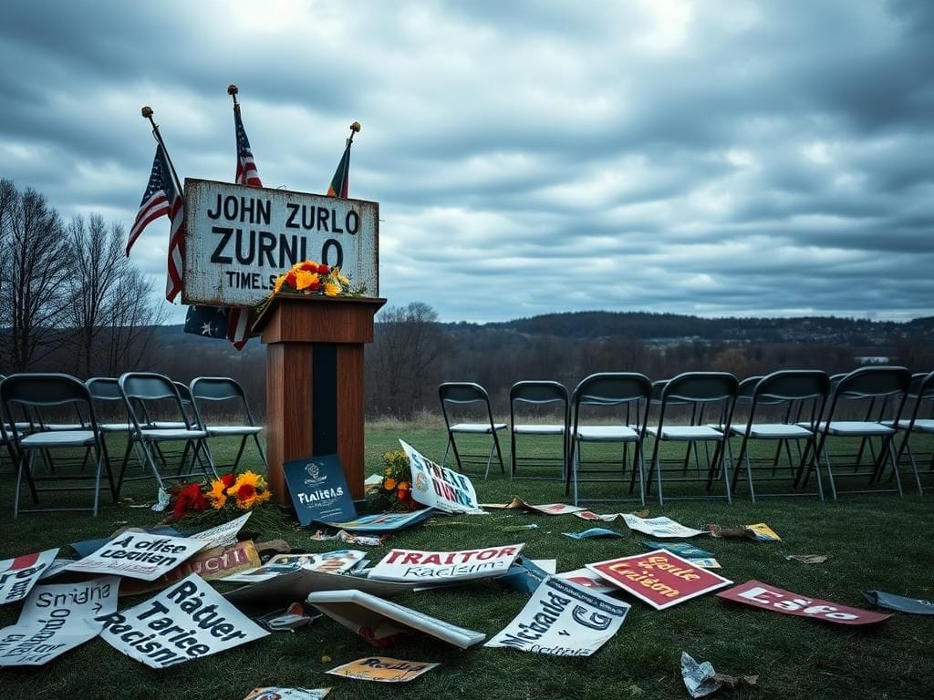 Flick International somber memorial site with podium and empty chairs in upstate New York