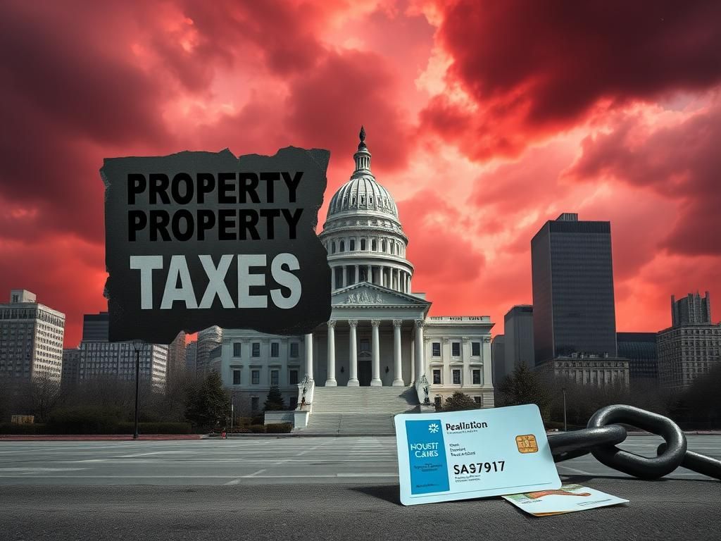 Flick International A dramatic cityscape with a government building and a crumbling 'Property Taxes' sign, reflecting urgency and discontent