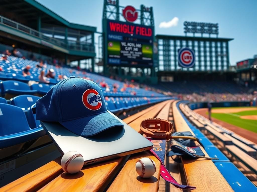 Flick International A fan working on a laptop at Wrigley Field during a Cubs game