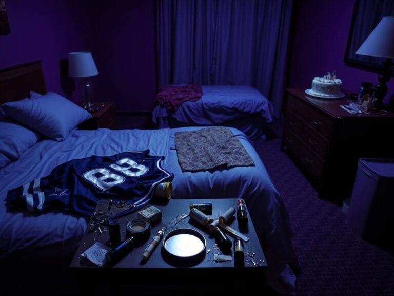 Flick International Dimly-lit hotel room with scattered personal items and drug paraphernalia