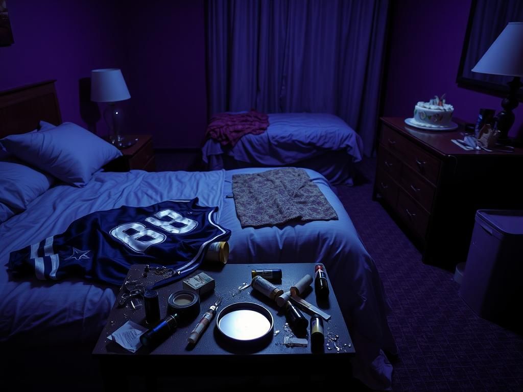 Flick International Dimly-lit hotel room with scattered personal items and drug paraphernalia