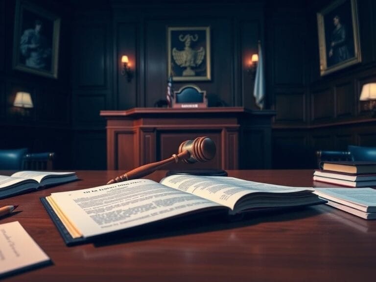 Flick International Dimly lit courtroom focusing on judge's bench with gavel and highlighted legal document on table