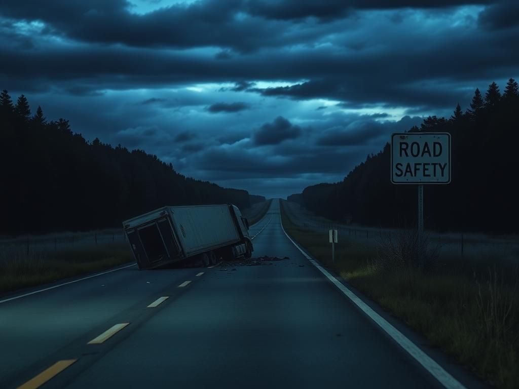 Flick International Overturned truck on a somber highway at dusk after a tragic accident
