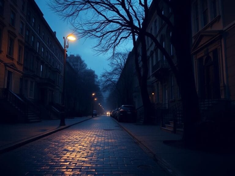 Flick International Dimly lit urban street in an upscale neighborhood at dawn
