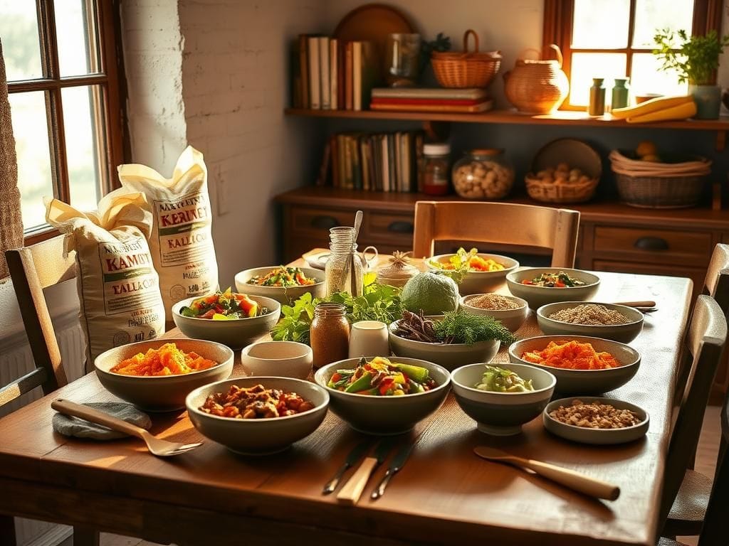 Flick International A rustic kitchen table set for a family dinner featuring heritage ingredients like ancient Kamut flour and vibrant spices.