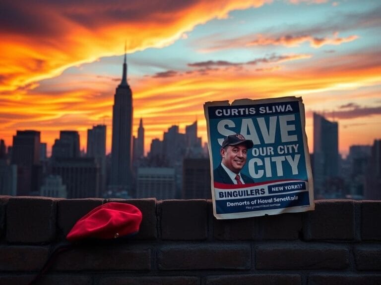 Flick International New York City skyline at sunset with campaign poster for Curtis Sliwa