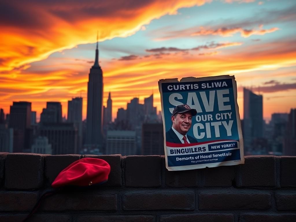 Flick International New York City skyline at sunset with campaign poster for Curtis Sliwa