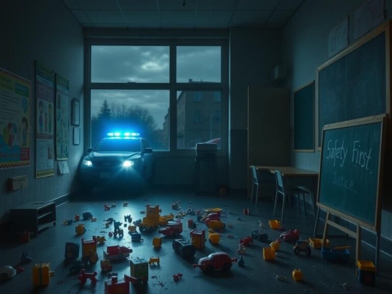 Flick International Empty classroom with scattered children's toys symbolizing the tragic impact of violence