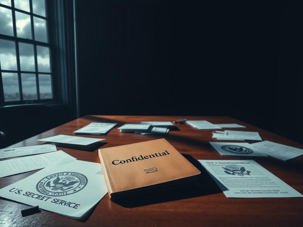 Flick International Dimly lit room with a wooden desk scattered with U.S. Secret Service documents