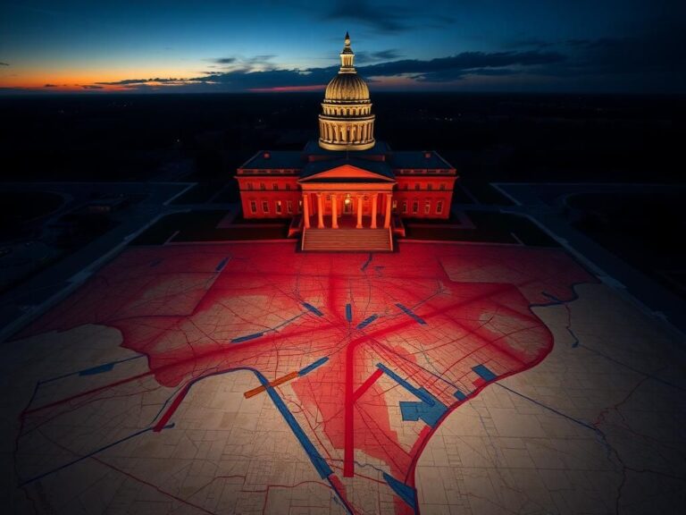 Flick International Overhead view of the Texas state Capitol building illuminated at twilight with congressional district maps below.