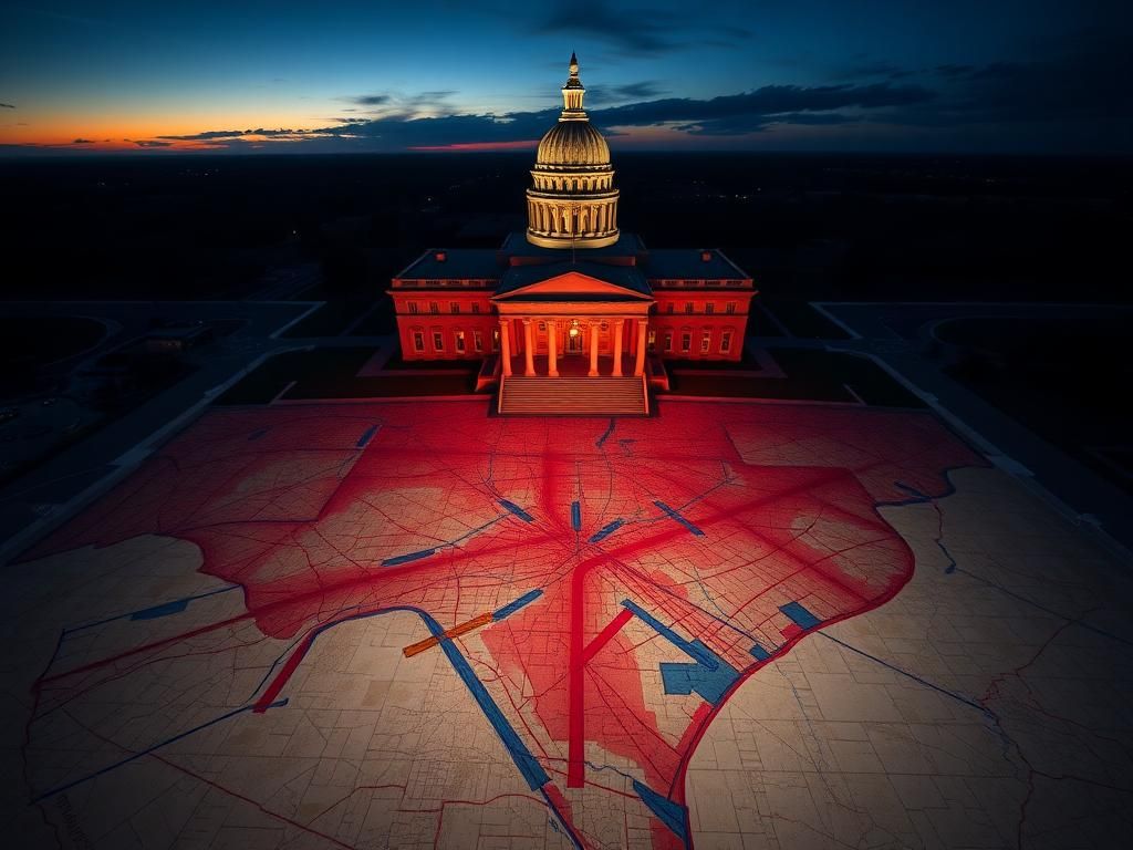 Flick International Overhead view of the Texas state Capitol building illuminated at twilight with congressional district maps below.