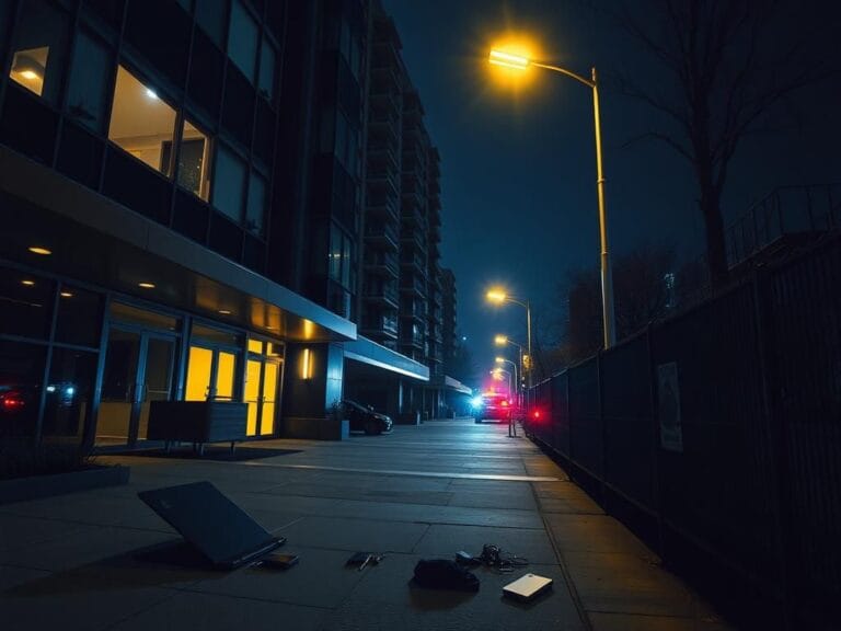 Flick International Nighttime view of a modern apartment complex in Washington, D.C., highlighting security concerns and recent crime incidents.
