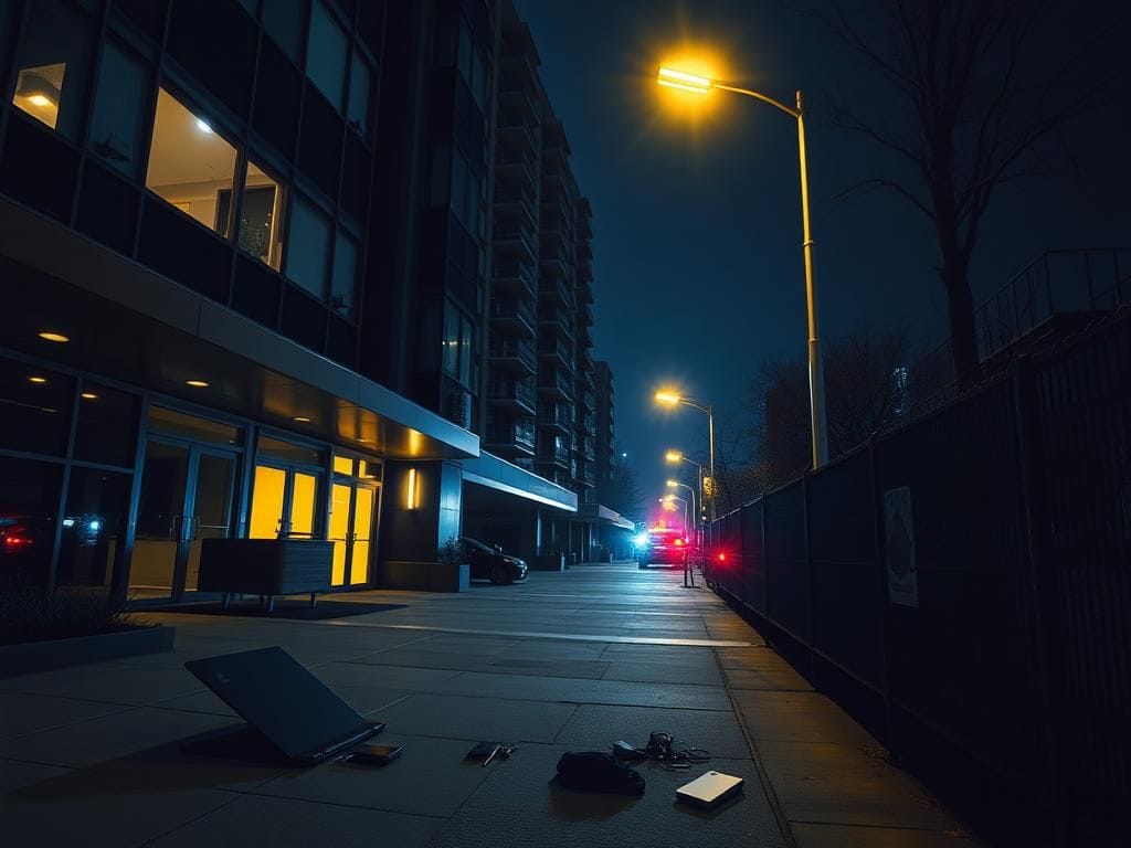 Flick International Nighttime view of a modern apartment complex in Washington, D.C., highlighting security concerns and recent crime incidents.