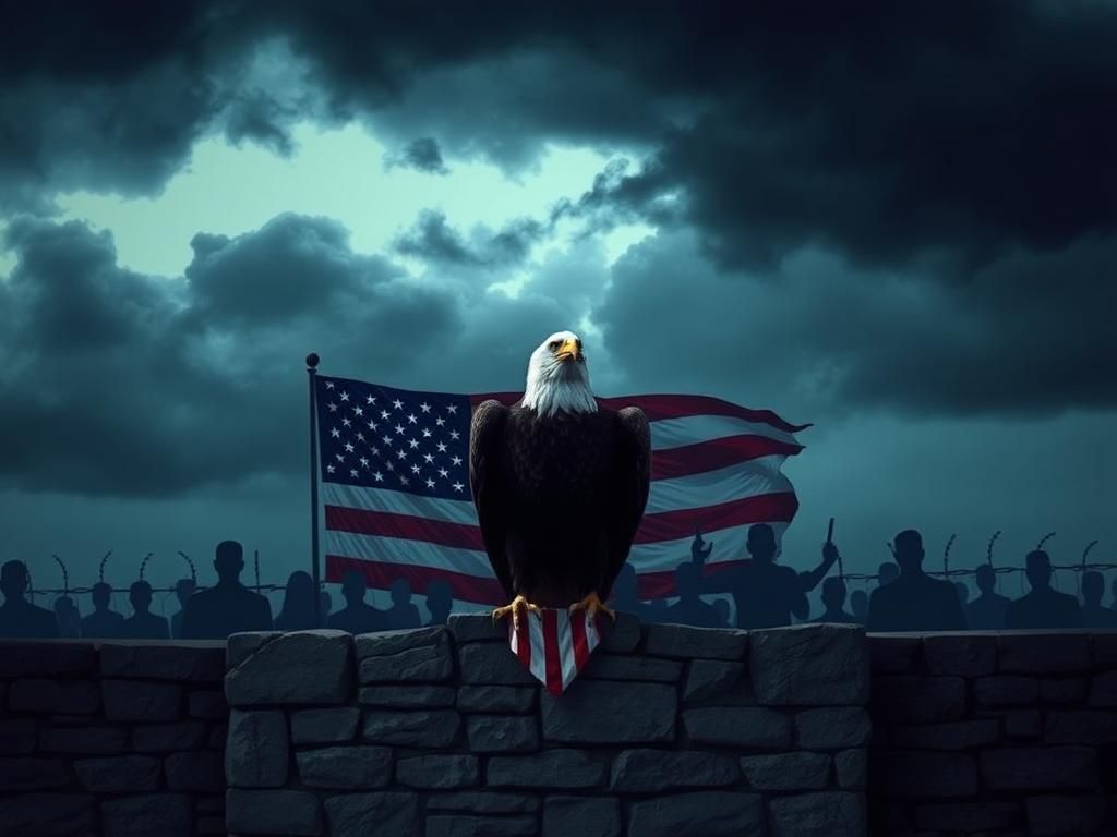 Flick International U.S. immigration office with eagle and American flag symbolizing scrutiny of immigrant applications