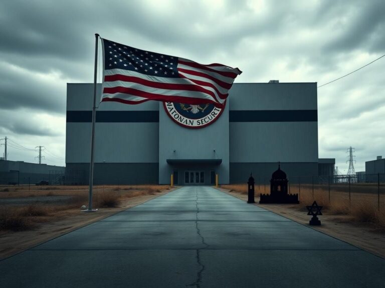 Flick International Large industrial building featuring a National Security emblem with an empty sidewalk and a faded American flag.