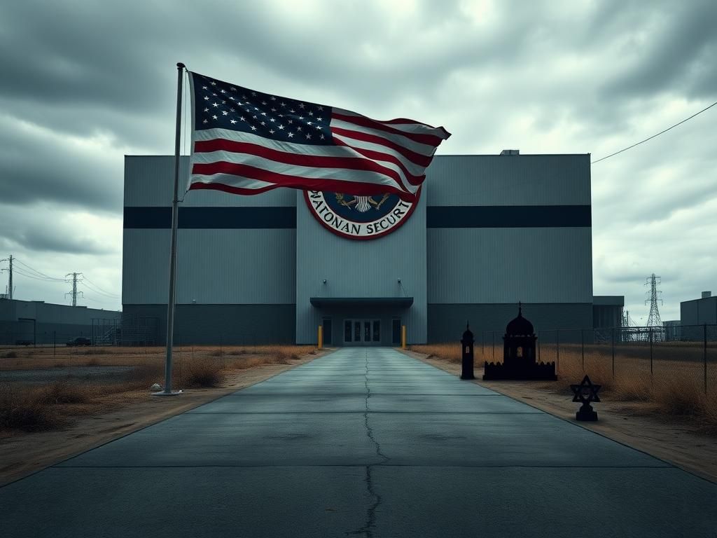 Flick International Large industrial building featuring a National Security emblem with an empty sidewalk and a faded American flag.