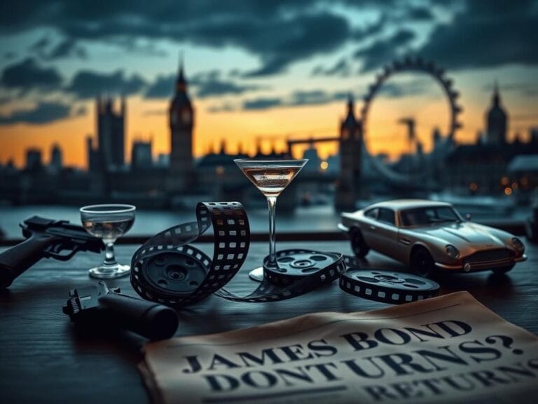 Flick International Vintage film reel with James Bond elements including a pistol and martini glass on a wooden table