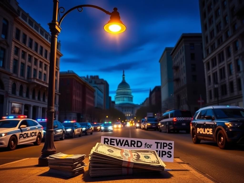Flick International A dusk scene in Washington D.C. featuring law enforcement vehicles and a cash stack with a rewards sign next to the U.S. Capitol Dome