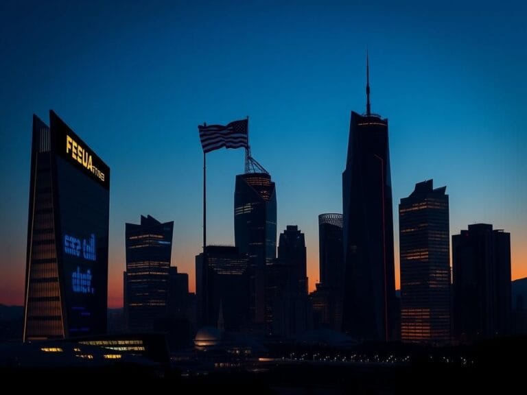 Flick International Futuristic city skyline at dusk, symbolizing technology and politics