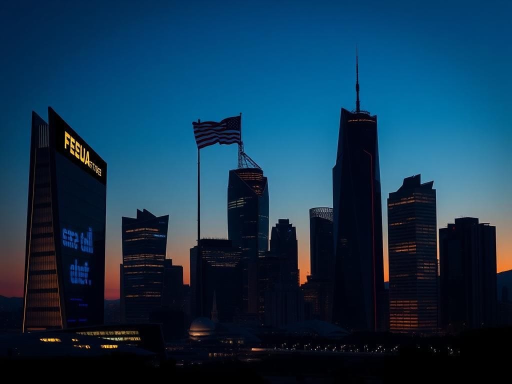 Flick International Futuristic city skyline at dusk, symbolizing technology and politics